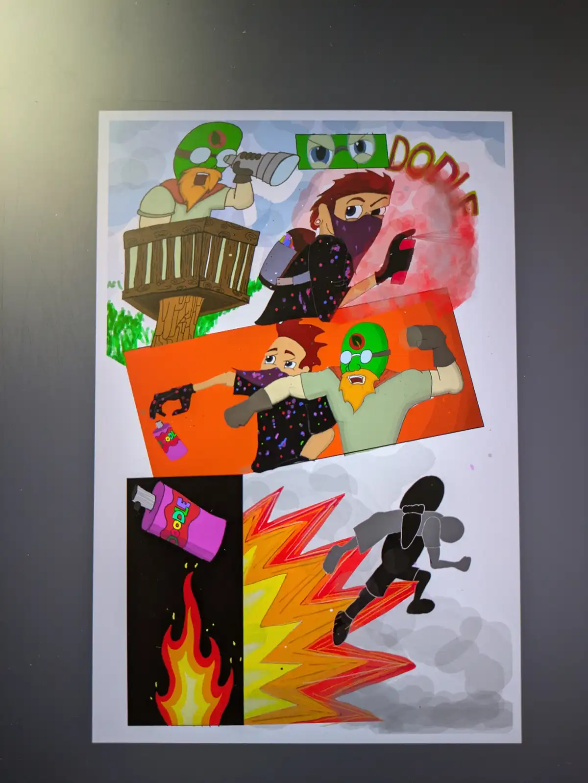 A four-panel comic strip depicts a green-masked character in a treehouse spotting a masked opponent who sprays a pink…