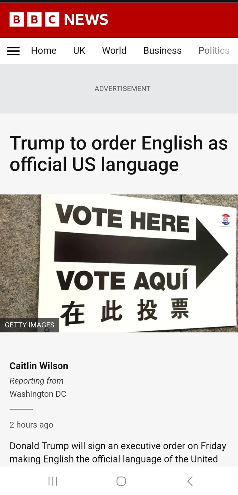 A screenshot of a BBC News article with the headline 'Trump to order English as official US language' is overlaid with a…