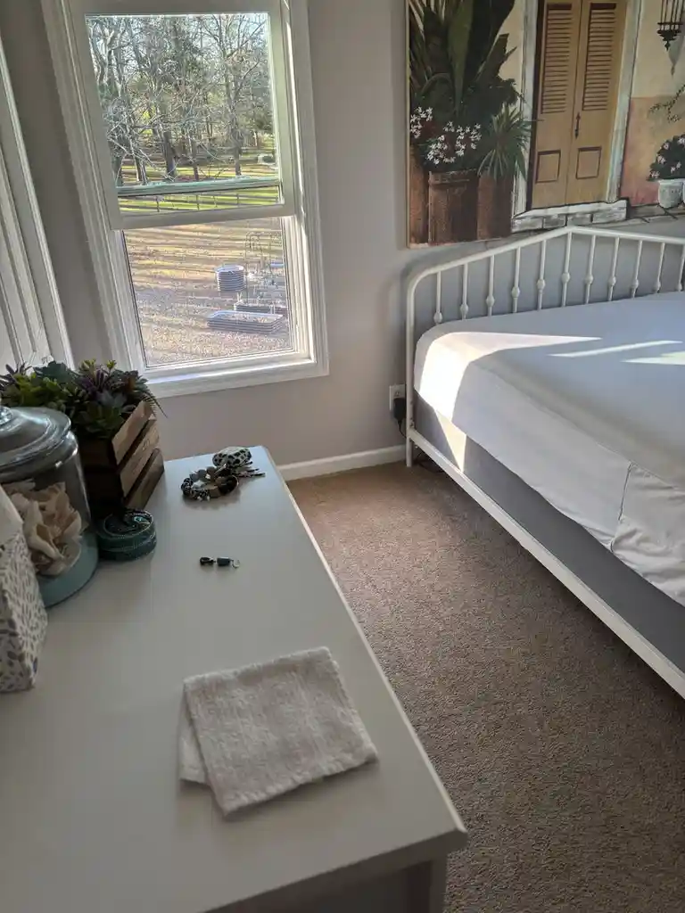A bright, tidy bedroom with a white metal bed, a window showing a yard with raised garden beds, and a white dresser holding…