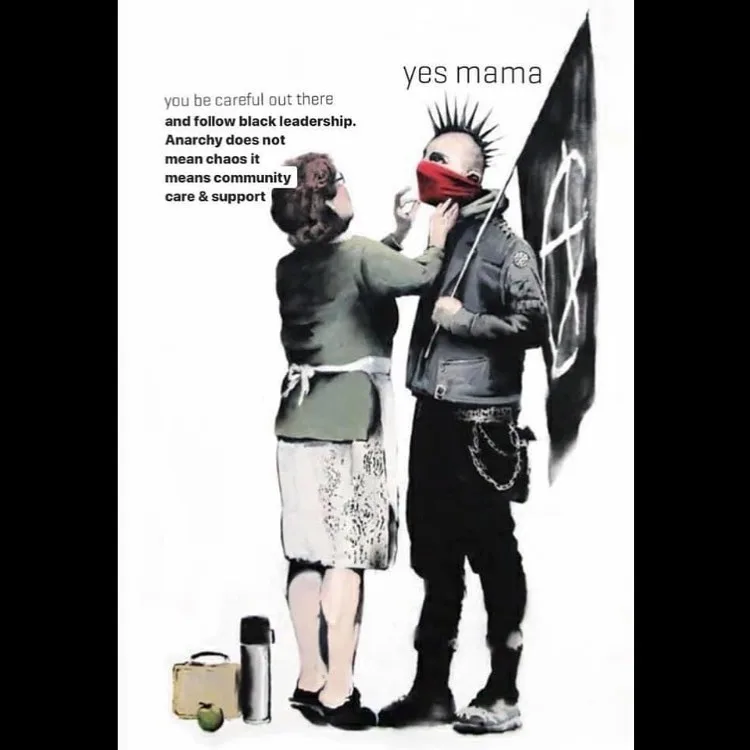 A stylized image shows an older woman in an apron adjusting the red bandana of a punk-style youth with a mohawk and anarchy…