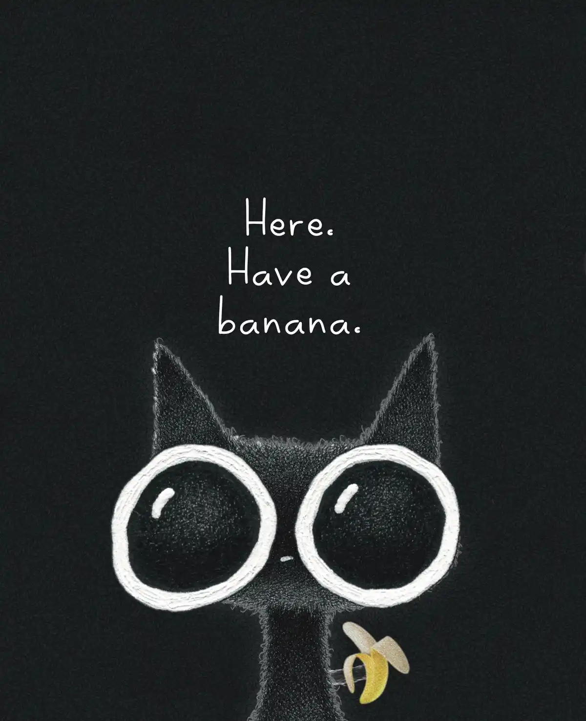 A black, stylized cat with large, white-rimmed eyes and pointed ears holds a peeled banana in its mouth against a dark…
