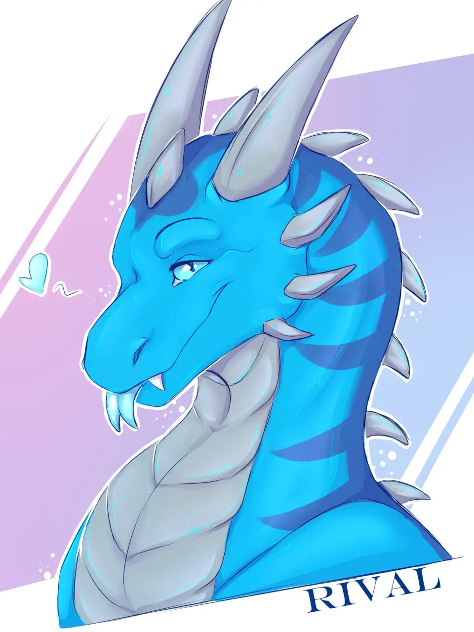 A stylized blue dragon with silver horns and spikes, shown in a close-up portrait with a gentle, slightly smug expression…