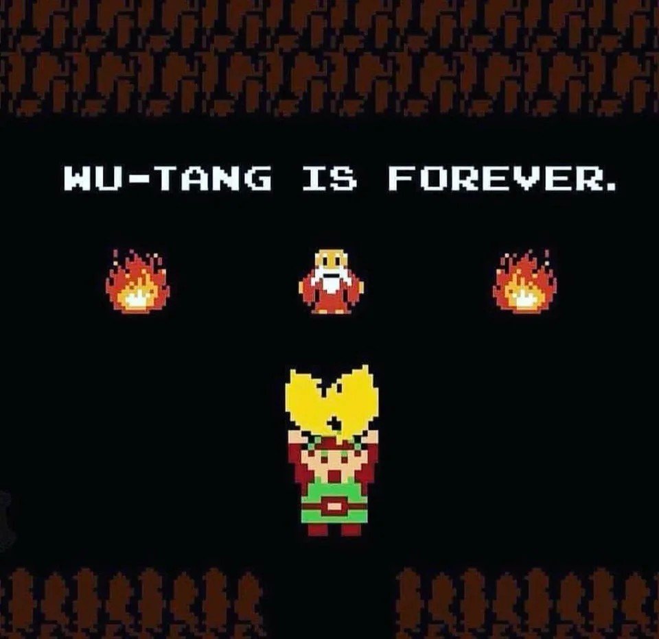 A pixelated game scene shows a character with a yellow Wu-Tang Clan logo on their head, standing below a central pixelated…