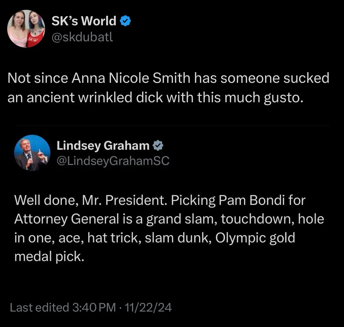 The image displays two Twitter posts. The top post from 'SK's World' contains a vulgar, hyperbolic comment comparing a…