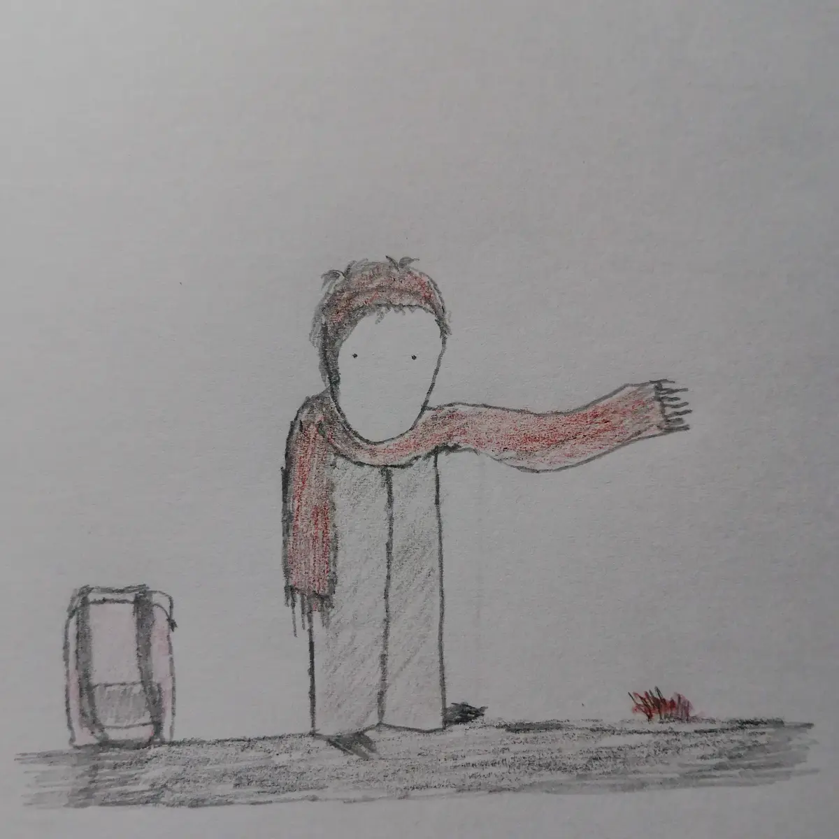 A simple pencil drawing shows a person wearing a scarf around their neck and head, with one arm extended. To the left is a…