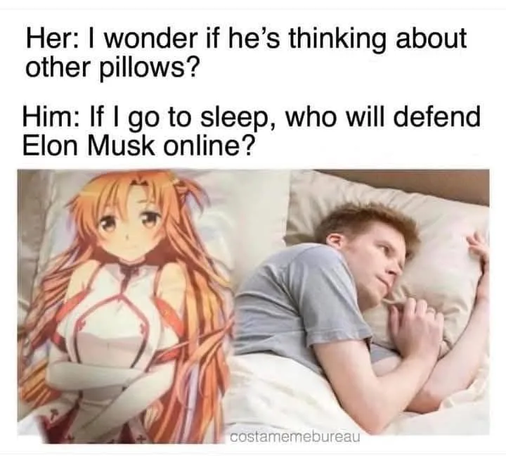 A man lies in bed next to an anime-style female pillow, looking concerned. Text above reads: 'Her: I wonder if he's thinking…