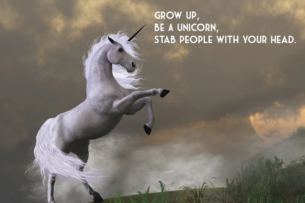 A digitally rendered white unicorn with a flowing mane and tail is rearing up on its hind legs against a dramatic, cloudy…