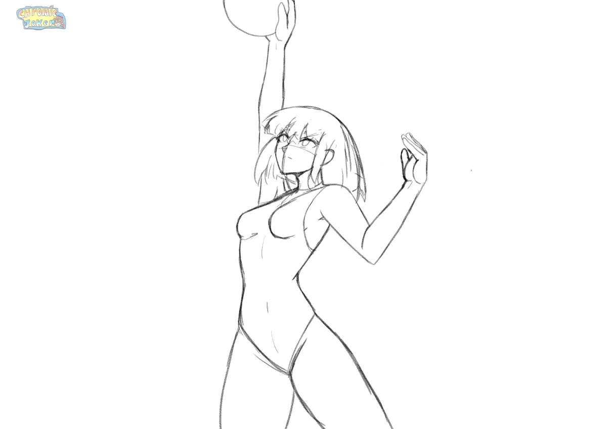 A black-and-white line drawing of an anime-style female character with short hair, wearing a face mask, in a volleyball…
