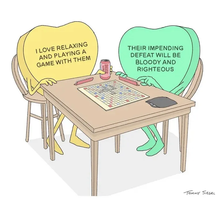 Two cartoon characters with heart-shaped backs sit across a table playing Scrabble. The yellow character on the left holds a…