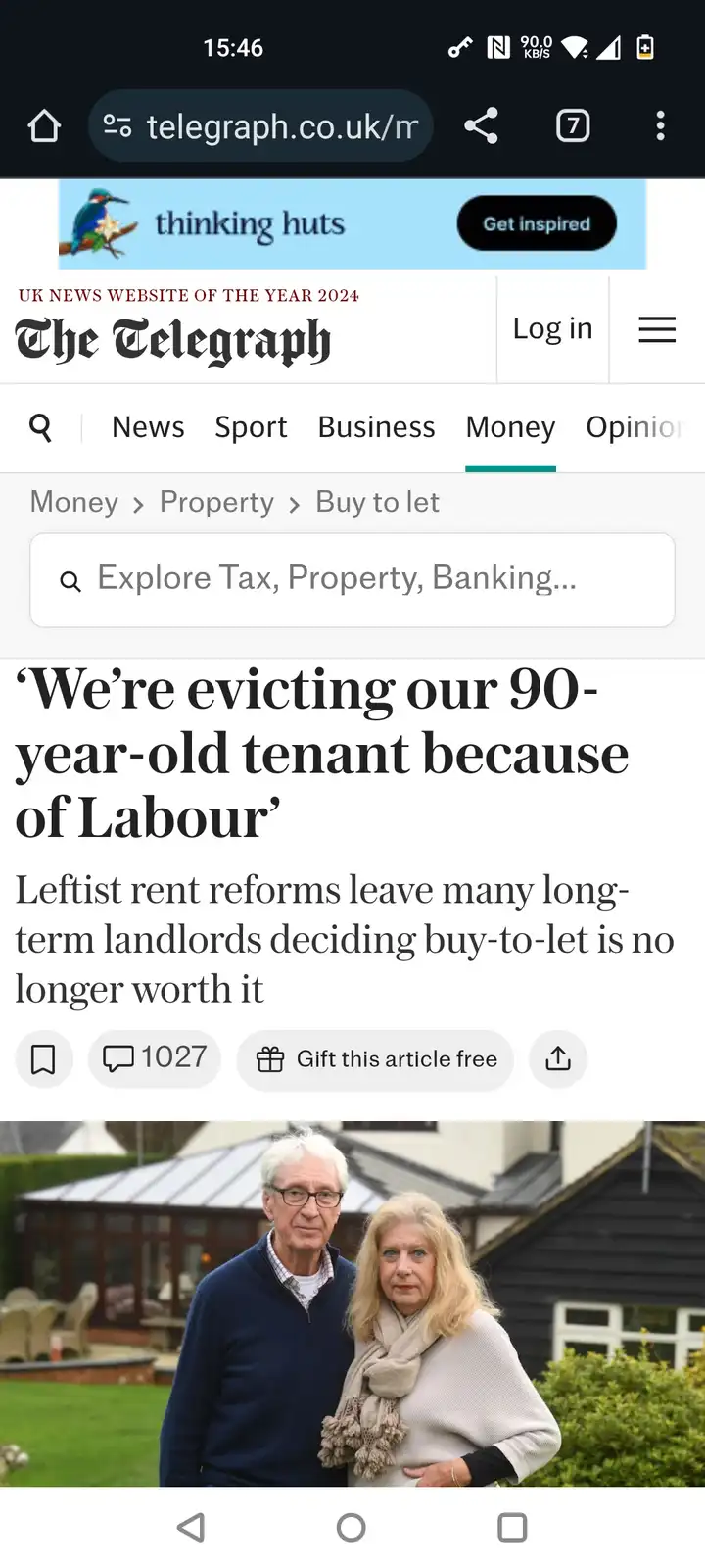 A screenshot of a The Telegraph news article shows a headline reading 'We're evicting our 90-year-old tenant because of…