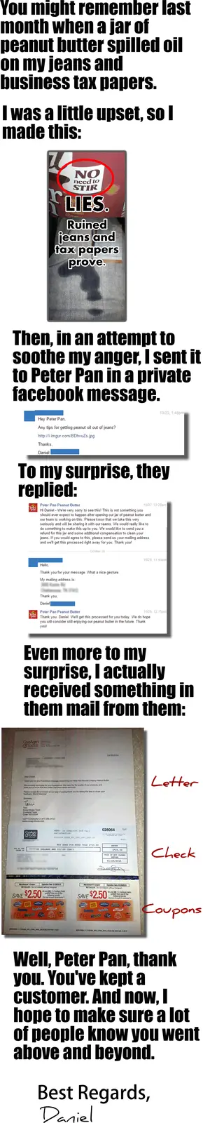 A person recounts how a peanut butter spill ruined their jeans and tax papers, showing a jar labeled 'NO need to STIR' with…