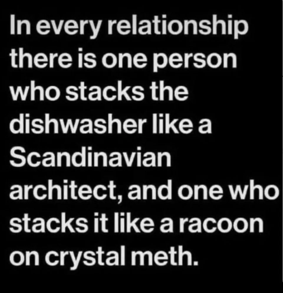 The image is a solid black background with white text that reads: 'In every relationship there is one person who stacks the…