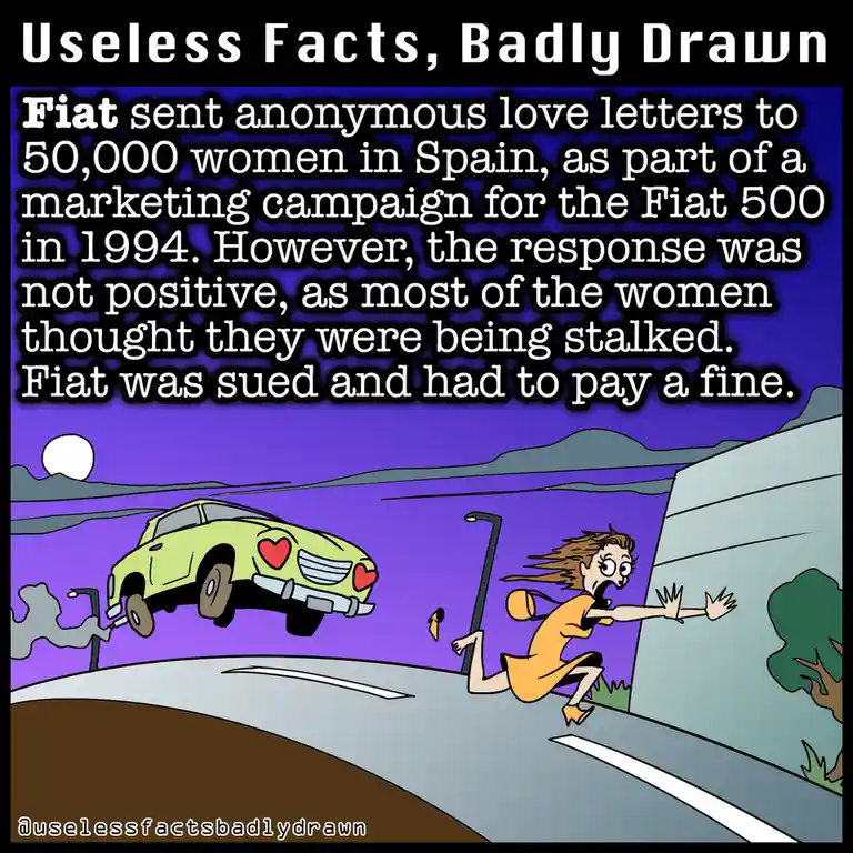 A cartoon depicts a terrified woman running from a green Fiat 500 car with hearts on its front, set against a purple night…