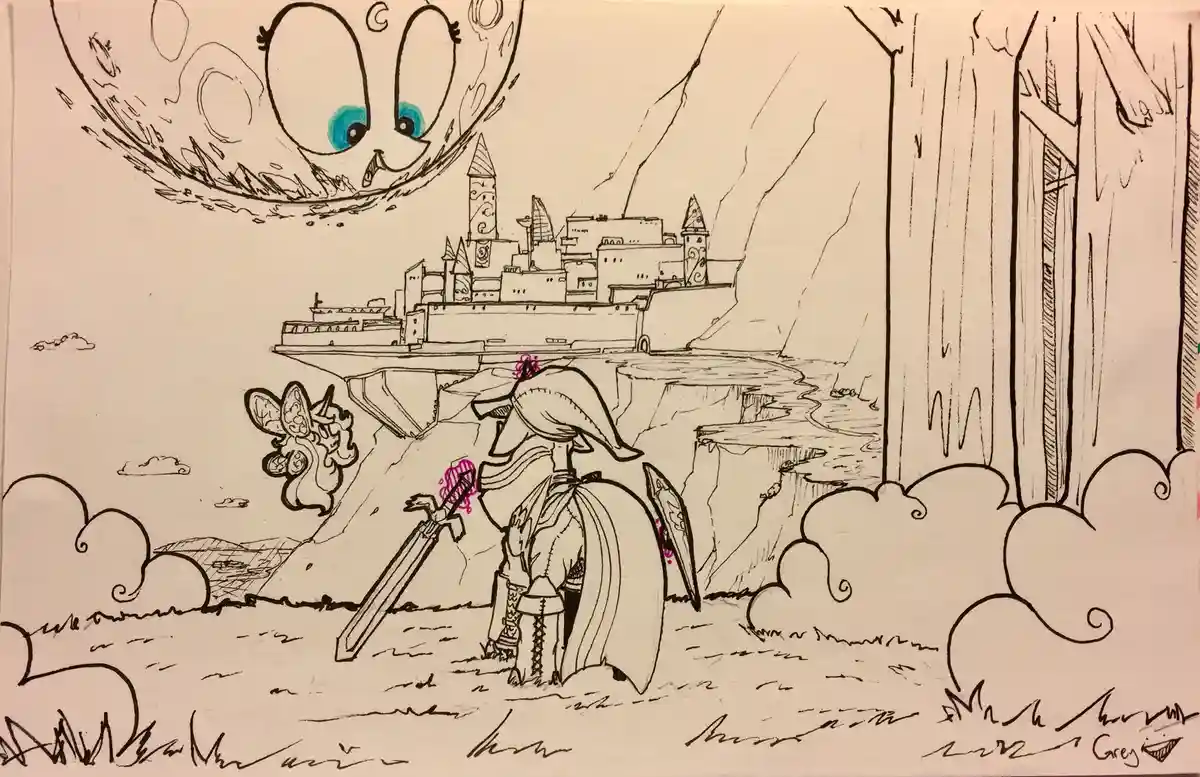 A hand-drawn fantasy scene shows a knight in armor standing before a floating castle, with a large, cartoonish moon with big…