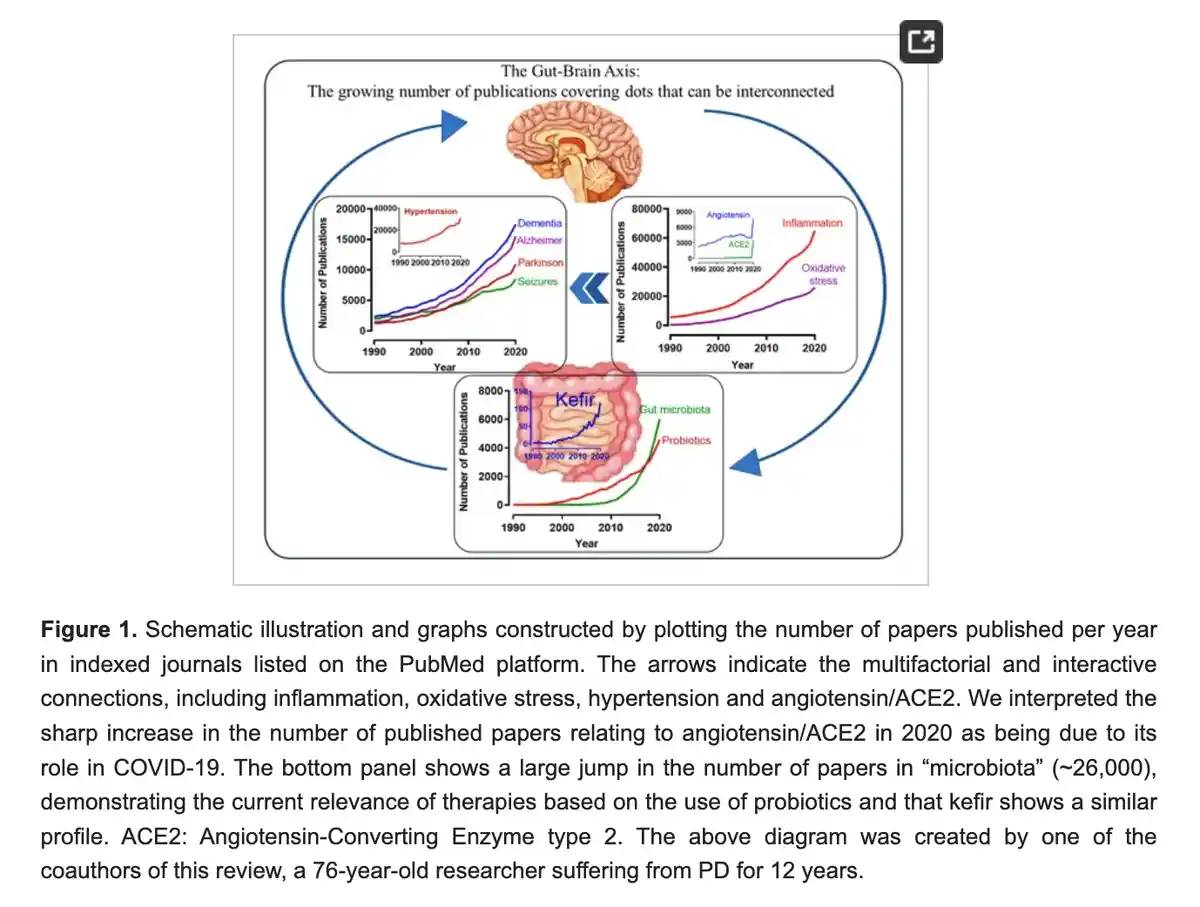 A scientific diagram titled 'The Gut-Brain Axis' shows three graphs plotting the number of publications per year from 1990…