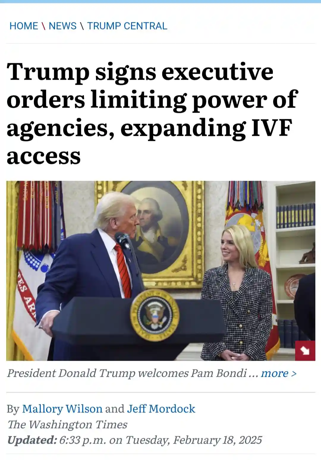 A screenshot of a news article from The Washington Times dated February 18, 2025, shows Donald Trump at a podium with the…