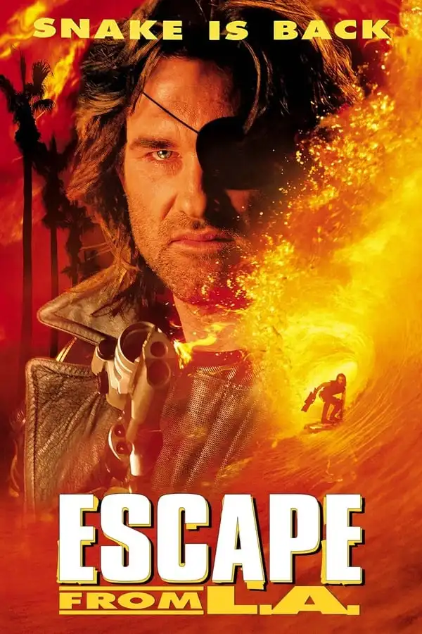 A movie poster for 'Escape from L.A.' shows a man with an eyepatch holding a gun, set against a fiery background with a…