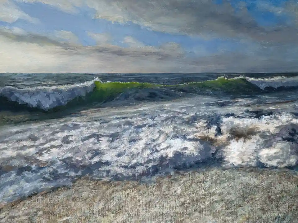 An oil painting of a turbulent ocean with crashing waves and a cloudy sky, overlaid with the text 'i'm not crying, you're…