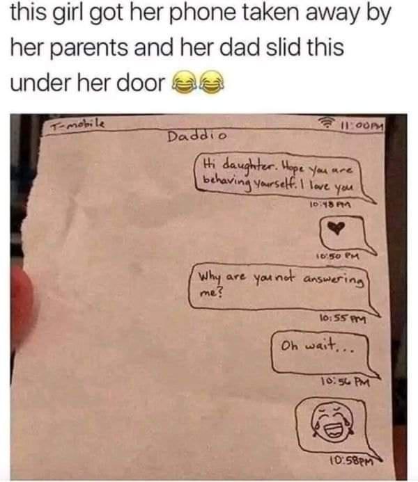 A handwritten note mimicking a text message conversation between a dad and his daughter, showing the dad's messages: 'Hi…