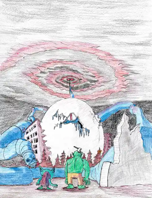 A hand-drawn, crayon-style image shows two small green humanoid figures looking up at a massive, swirling vortex in the sky…