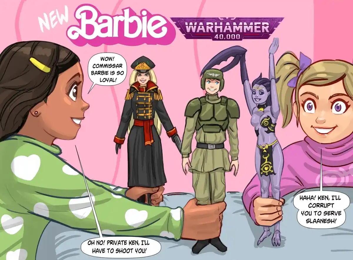 Two girls hold Warhammer 40,000 action figures: one is a blonde female figure in a black Imperial Guard uniform labeled…