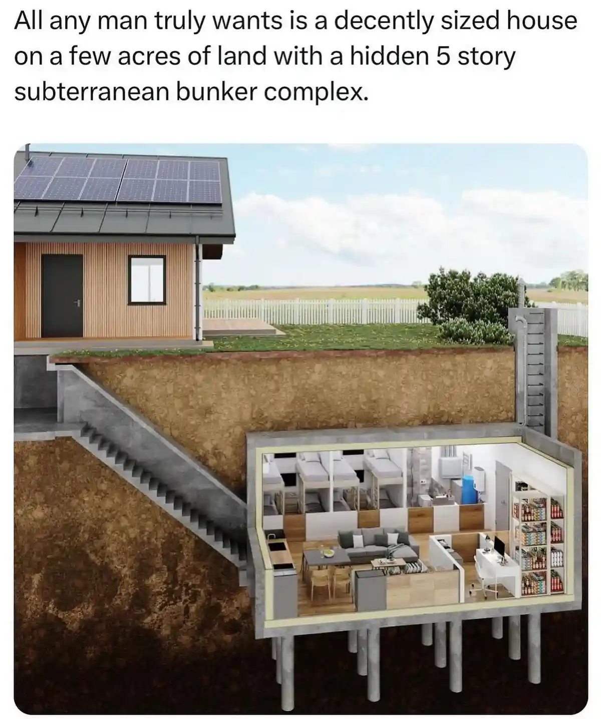 The image shows a modern, modest-looking house with solar panels on its roof, situated on a grassy plot with a white picket…