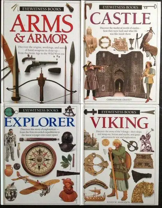 Four Eyewitness Books covers are arranged in a 2x2 grid: 'Arms & Armor' showing weapons, 'Castle' showing medieval…