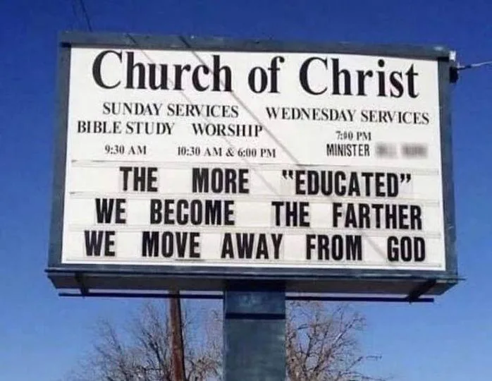 A large outdoor church sign for the 'Church of Christ' lists Sunday and Wednesday services with times and activities like…
