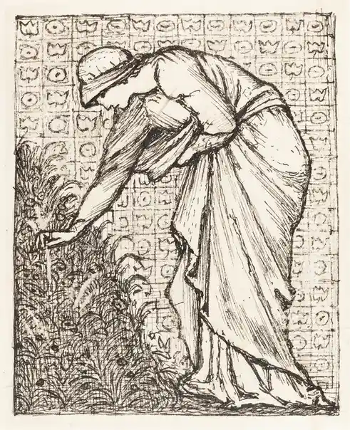 A black-and-white sketch depicts a woman in a long dress and hat, bent over tending to plants in a garden. Behind her is a…