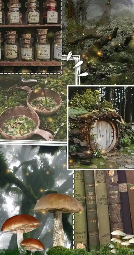 This image is a collage of fantasy-themed visuals including shelves of labeled jars with ingredients like 'Tongue of Dog'…