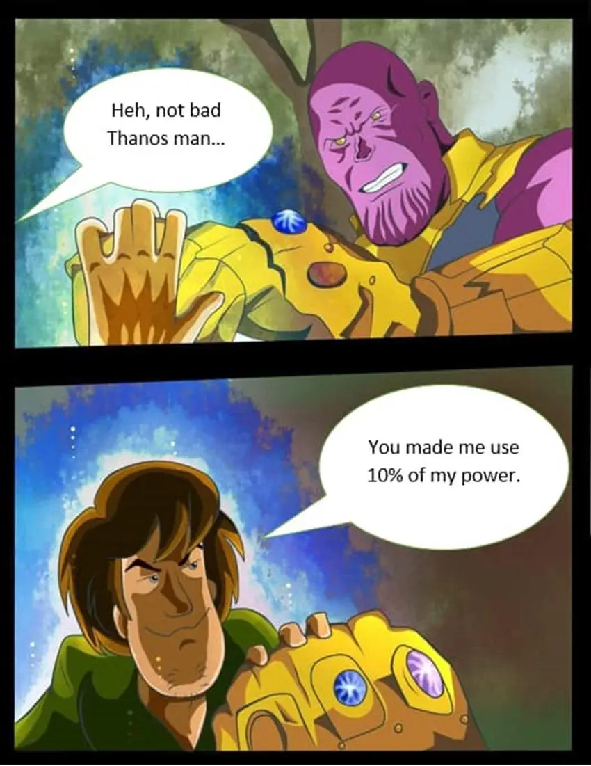 Two-panel comic strip featuring Thanos in the top panel, wearing his Infinity Gauntlet and saying 'Heh, not bad Thanos…