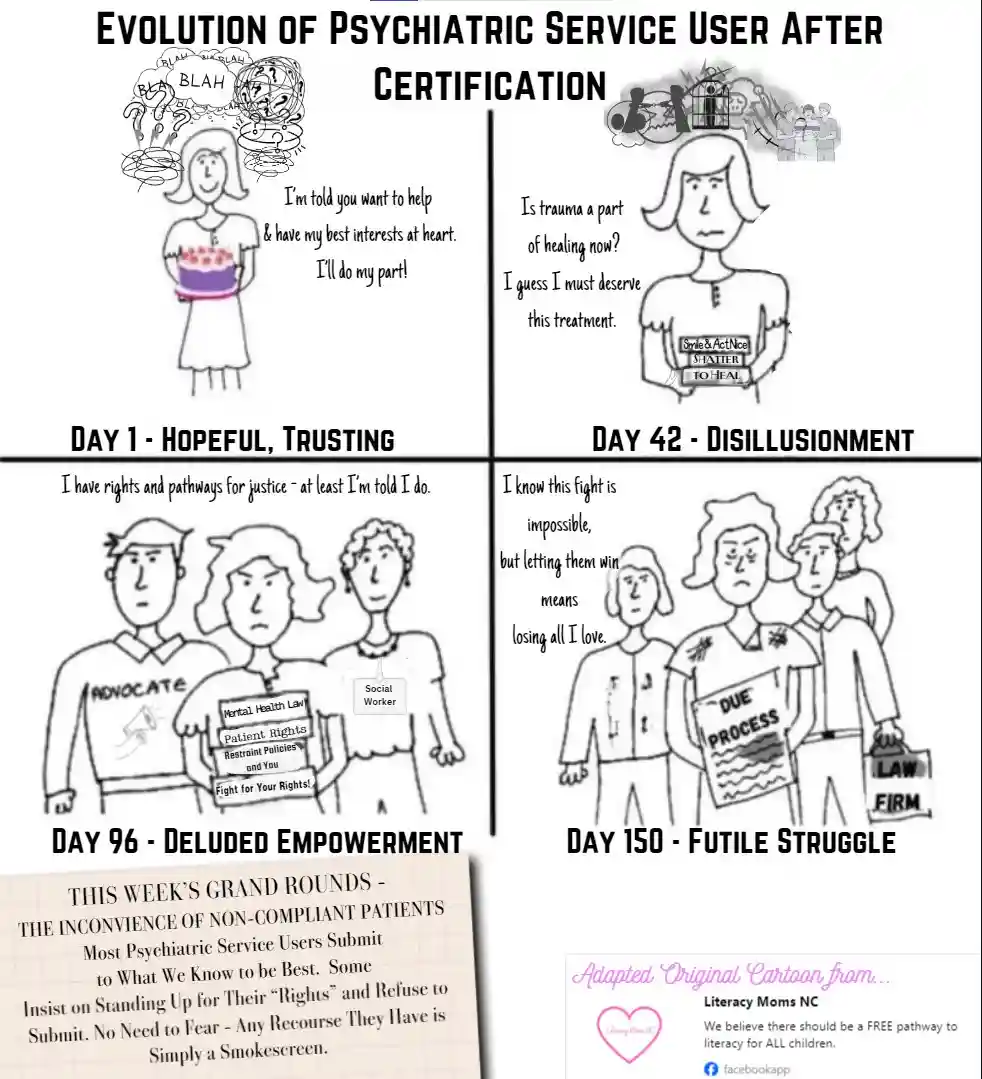 A four-panel comic titled 'Evolution of Psychiatric Service User After Certification' shows a person's emotional journey…