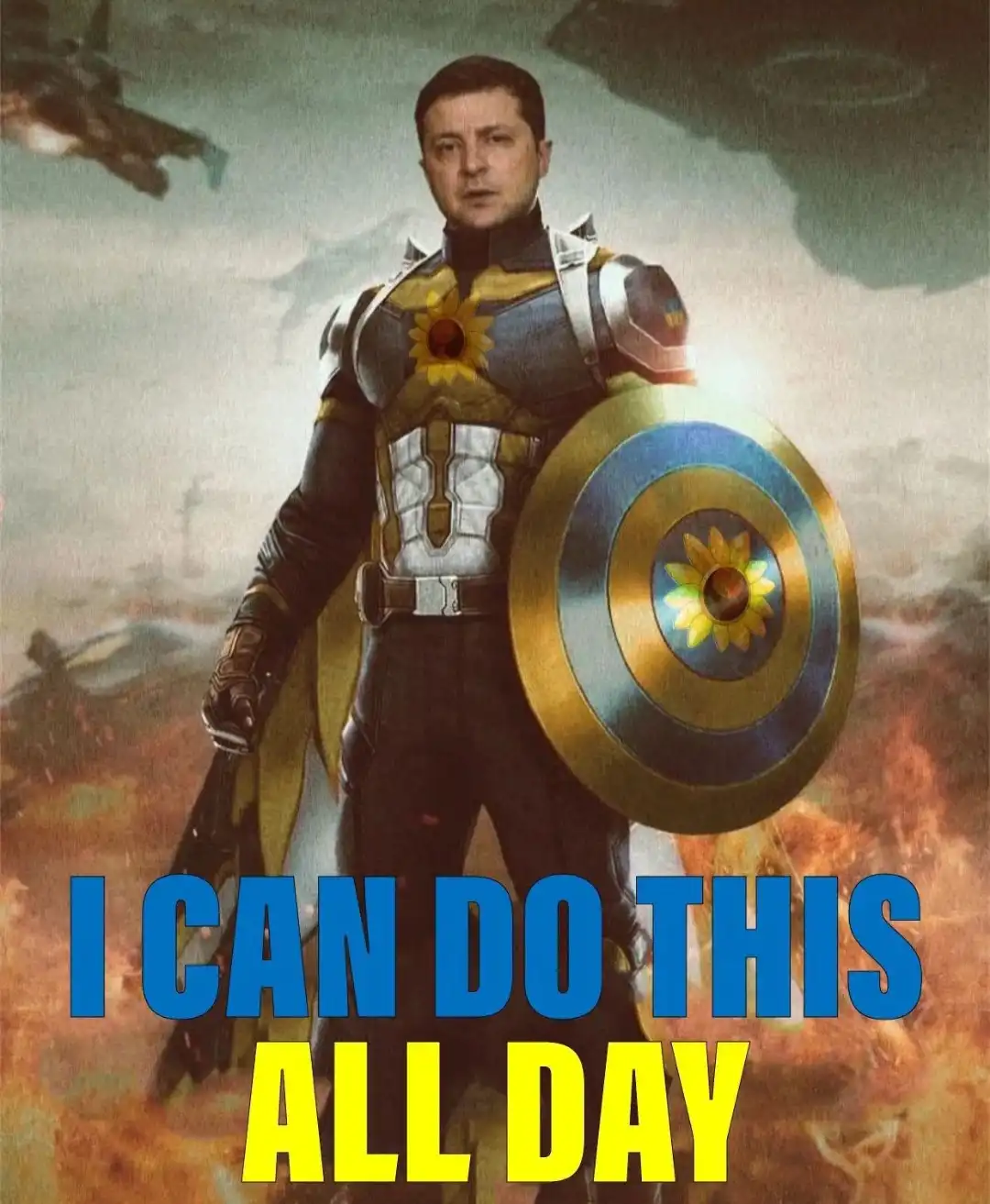A digitally altered image shows a man in a superhero costume resembling Captain America, holding a shield with a sunflower…