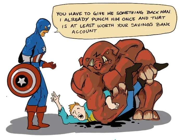 Captain America stands holding his shield, looking down at a small boy being crushed by a giant red pig-like creature. The…