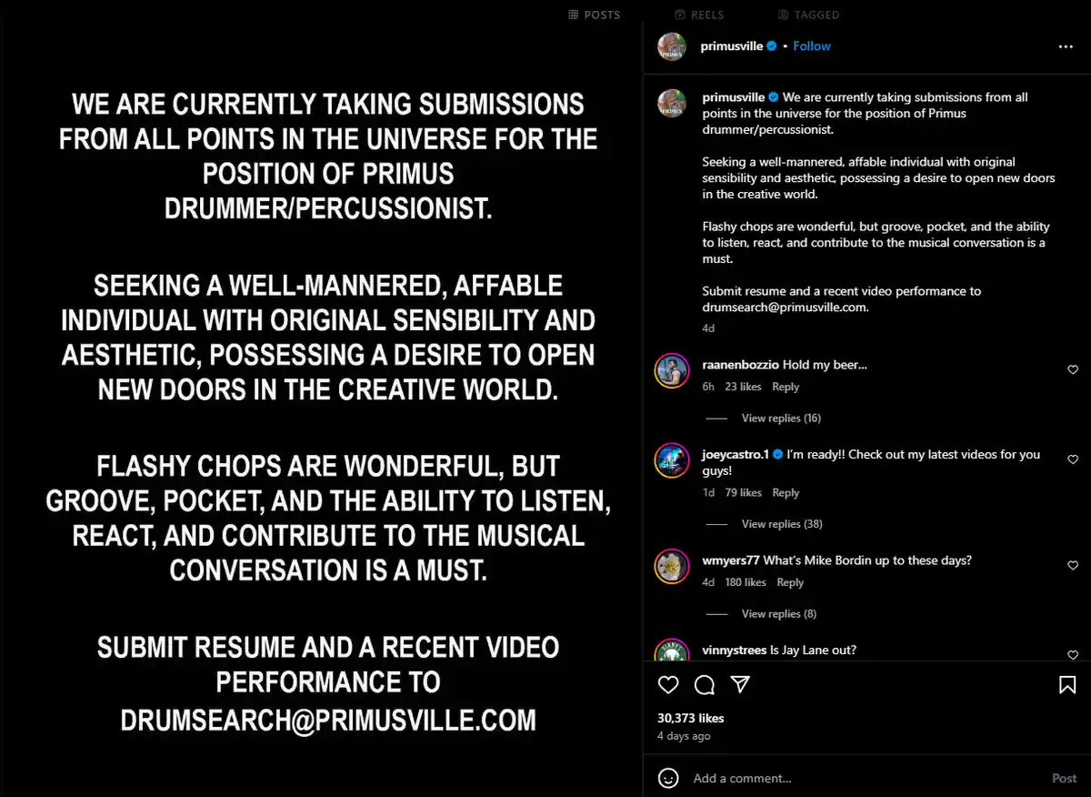 An Instagram post from Primusville shows a black background with white text announcing a global recruitment drive for a…