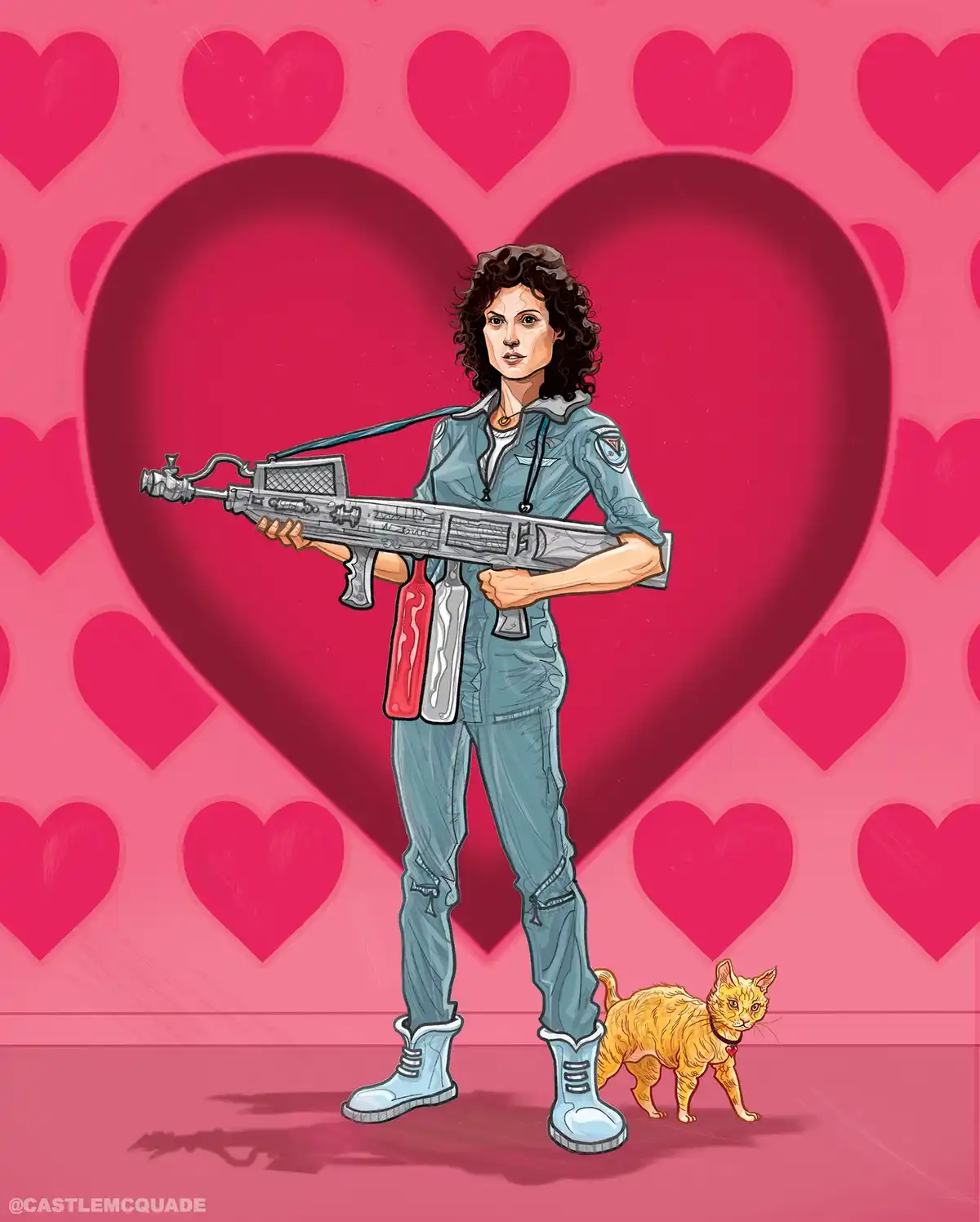 A woman in a blue jumpsuit holding a large sci-fi weapon stands before a giant heart, surrounded by smaller hearts, with a…