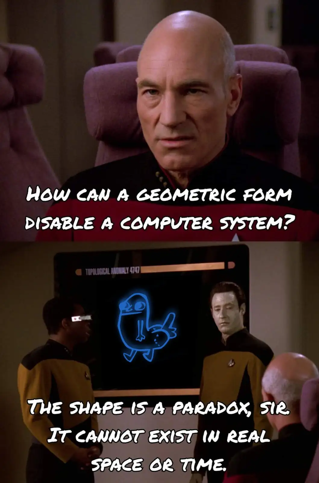 The image is a two-panel meme from Star Trek: The Next Generation. The top panel shows Captain Picard looking serious, with…