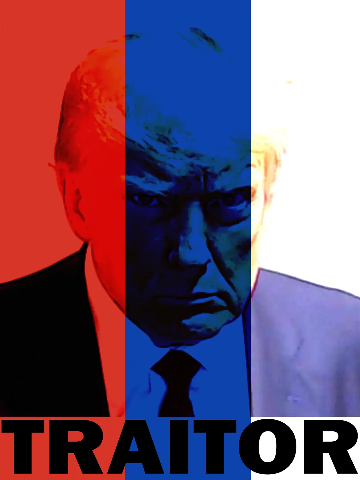 The image displays a vertically split portrait of Donald Trump, with his left side tinted red, center in blue, and right…