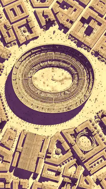 An aerial view of a detailed ancient city map featuring a large, circular amphitheater or arena at its center, surrounded by…