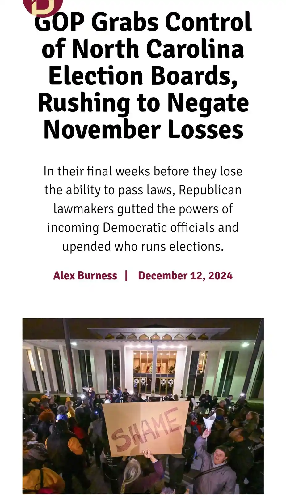 The image displays a news article headline about the GOP taking control of North Carolina election boards to counteract…