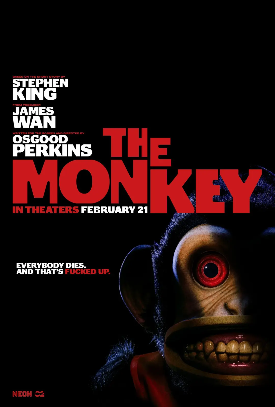 A movie poster for 'The Monkey' features a close-up of a grotesque, menacing monkey with one glowing red eye and a wide…