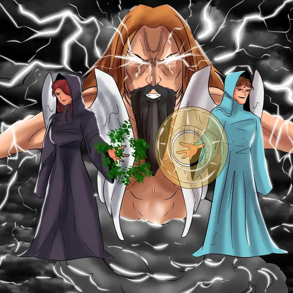 A cartoon-style illustration shows a large, angry, bearded god with lightning in his eyes, standing in stormy water. He is…