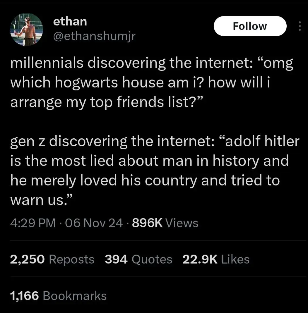 A screenshot of a tweet by user 'ethan' comparing how millennials and Gen Z reacted to discovering the internet. The tweet…