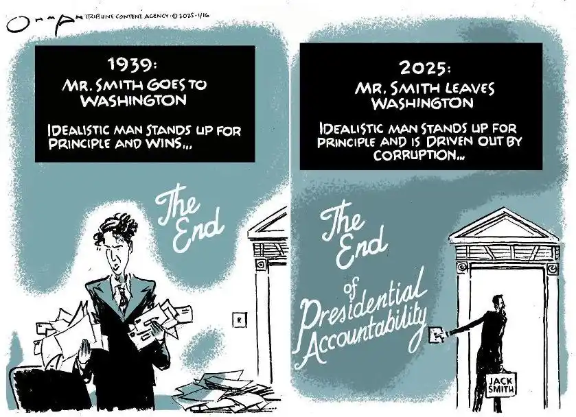 A two-panel political cartoon compares 1939's 'Mr. Smith Goes to Washington' where an idealistic man wins by standing for…