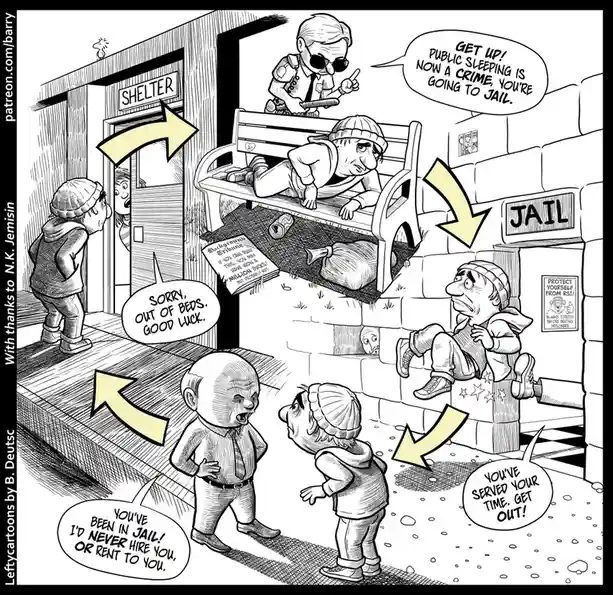 A black-and-white cartoon depicts a homeless man sleeping on a bench, arrested for public sleeping, then released from jail…