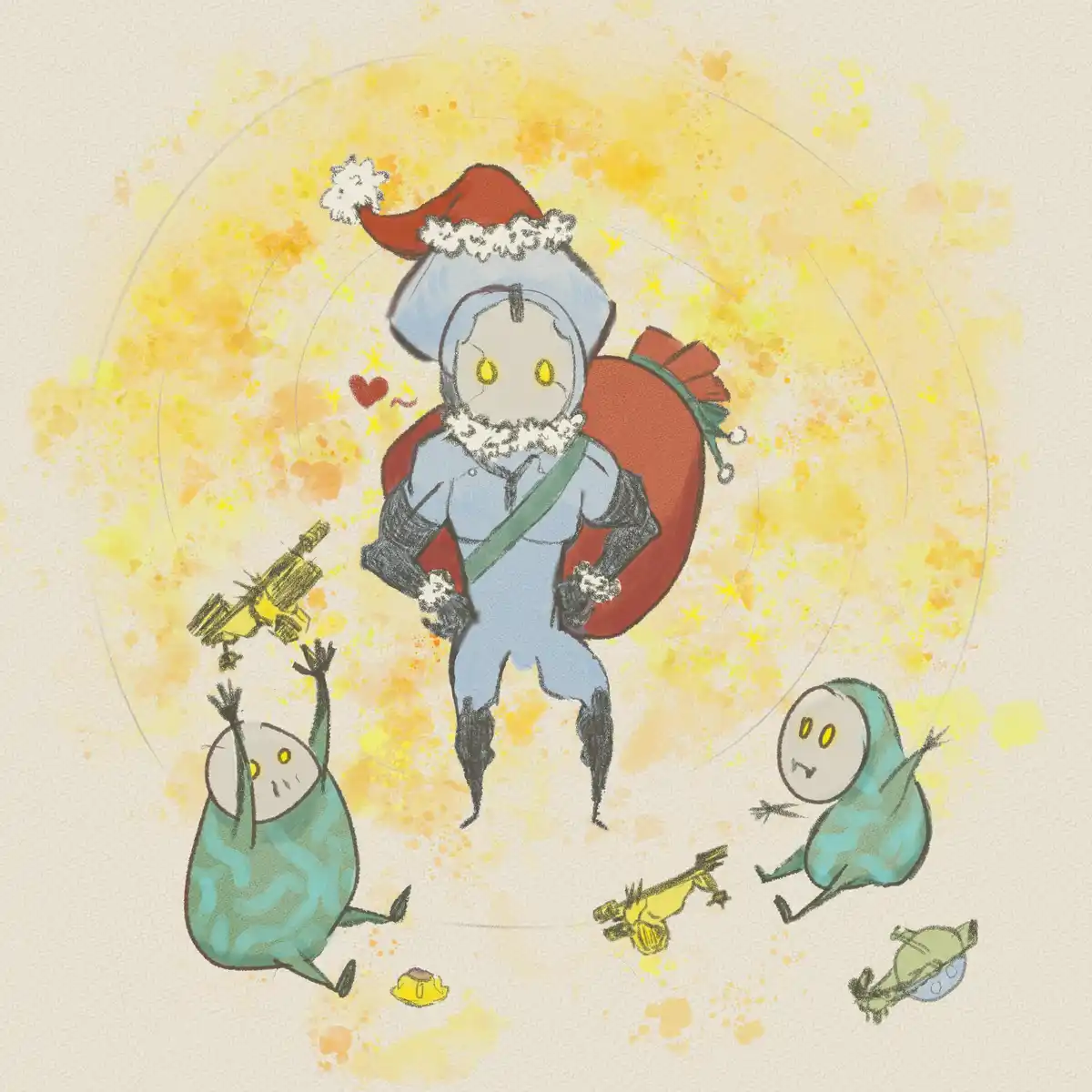 A cartoonish knight in blue armor wearing a red Santa hat and carrying a large red sack stands heroically, surrounded by…