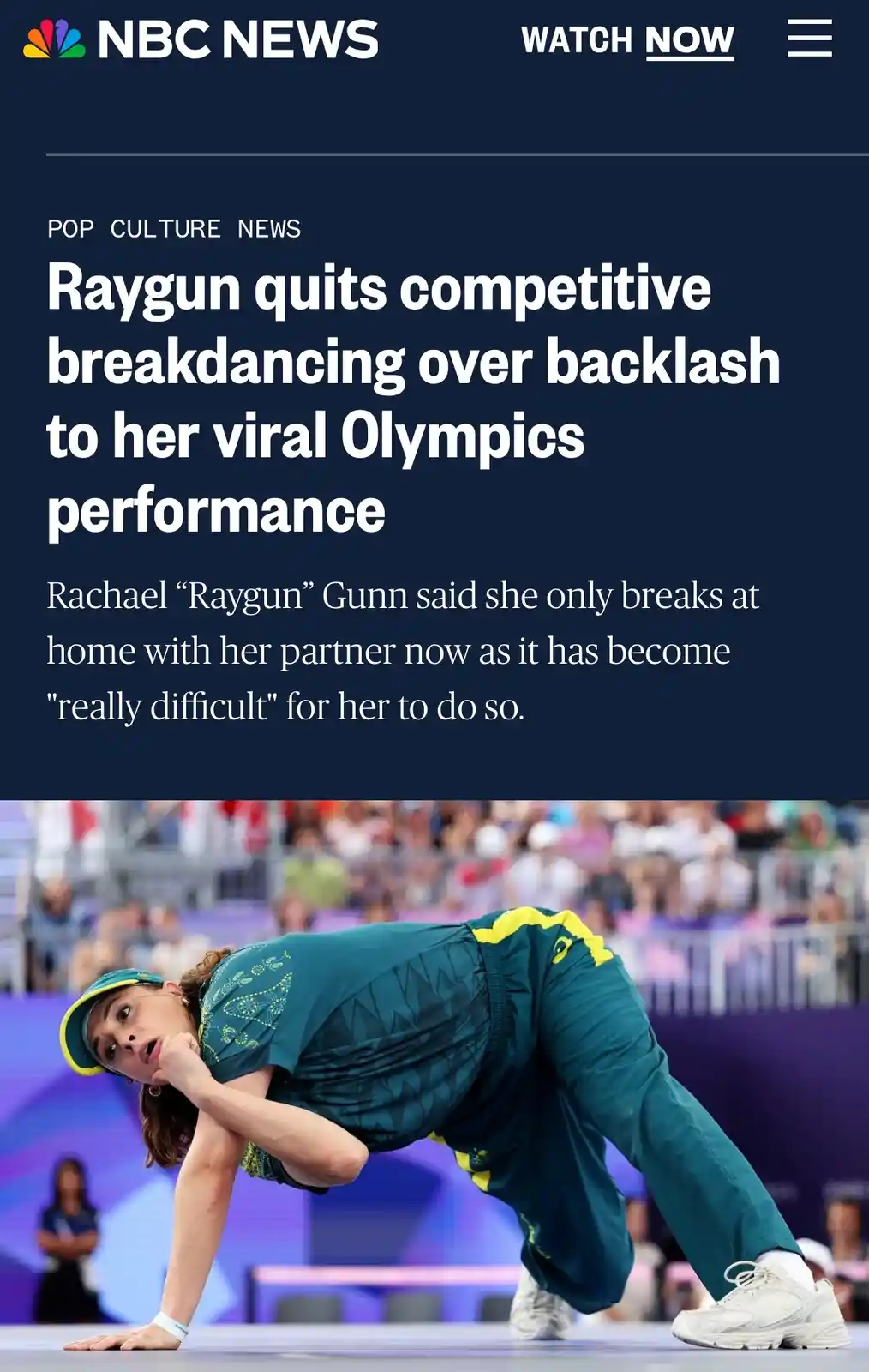 An image of Australian athlete Rachael 'Raygun' Gunn performing a breakdancing move at the Olympics, overlaid with a fake…