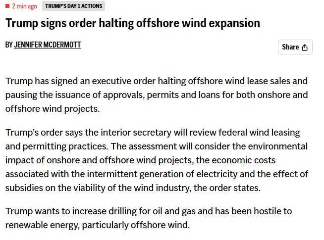 A screenshot of a news article titled 'Trump signs order halting offshore wind expansion' by Jennifer McDermott. The article…