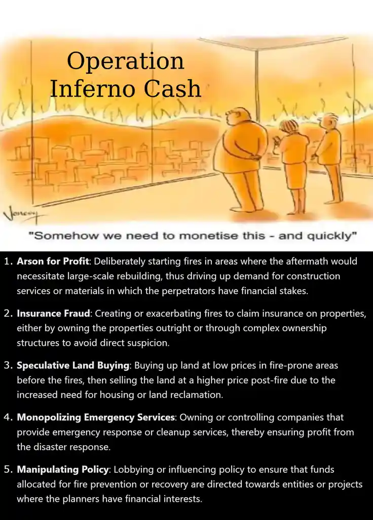 A cartoon depicts three men in orange jumpsuits looking out a window at a city engulfed in flames. The title reads…