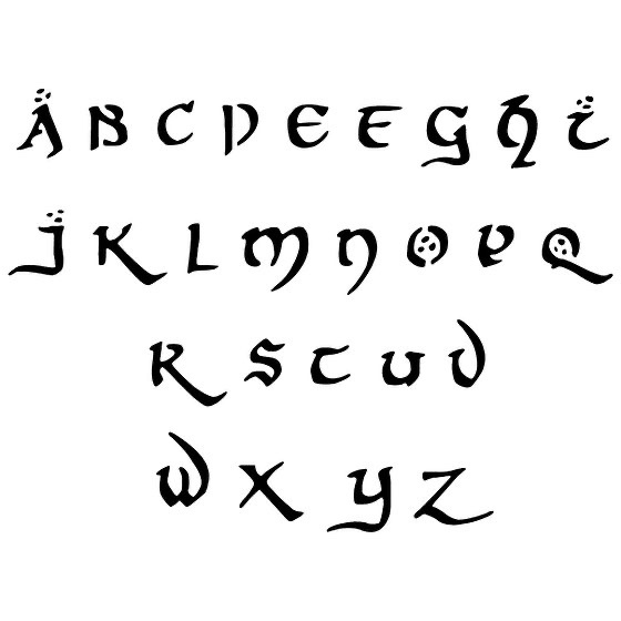 The image displays the English alphabet from A to Z arranged in four rows, each letter rendered in a stylized, decorative…
